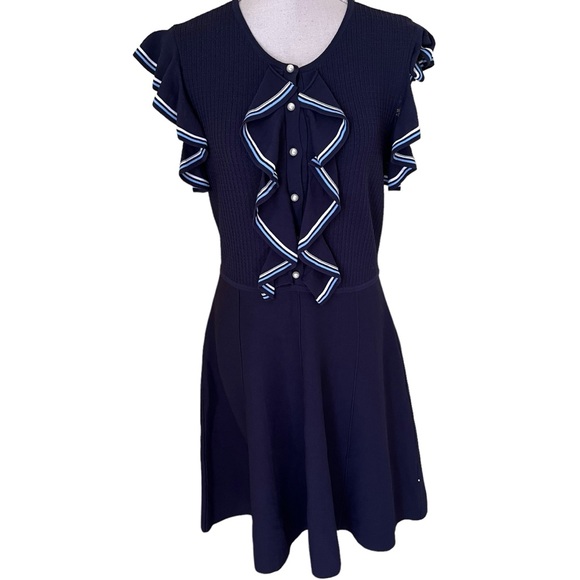 Lela Rose Pearl Navy Blue Ruffle Front Pearl Button Knit Dress L - Picture 1 of 16